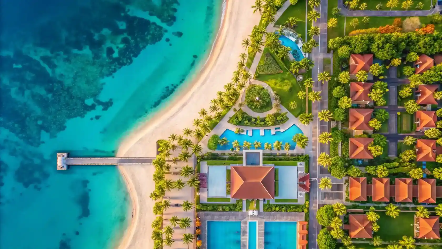 Aerial view of Nusa Dua resorts and turquoise water