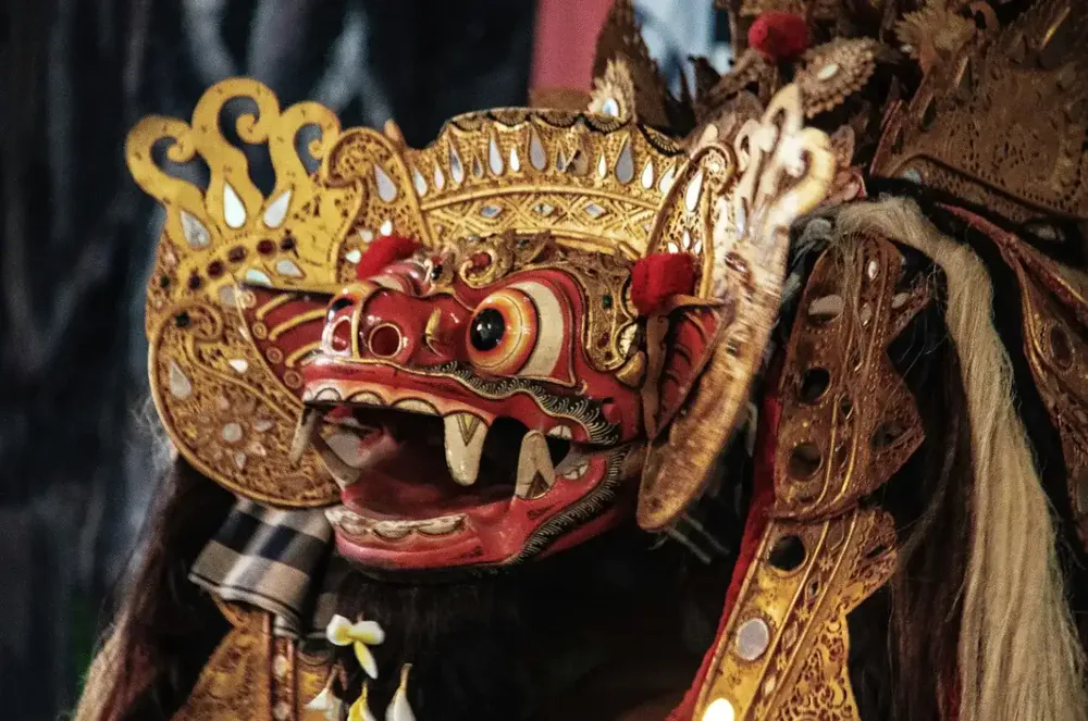 Close-up of a carved Barong mask used in Balinese dance
