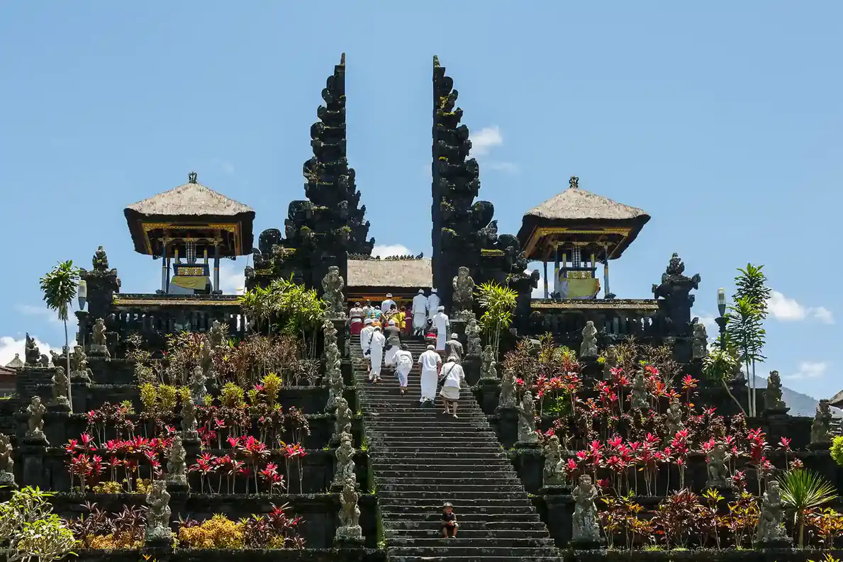 Besakih temple with worshippers dressed in white
