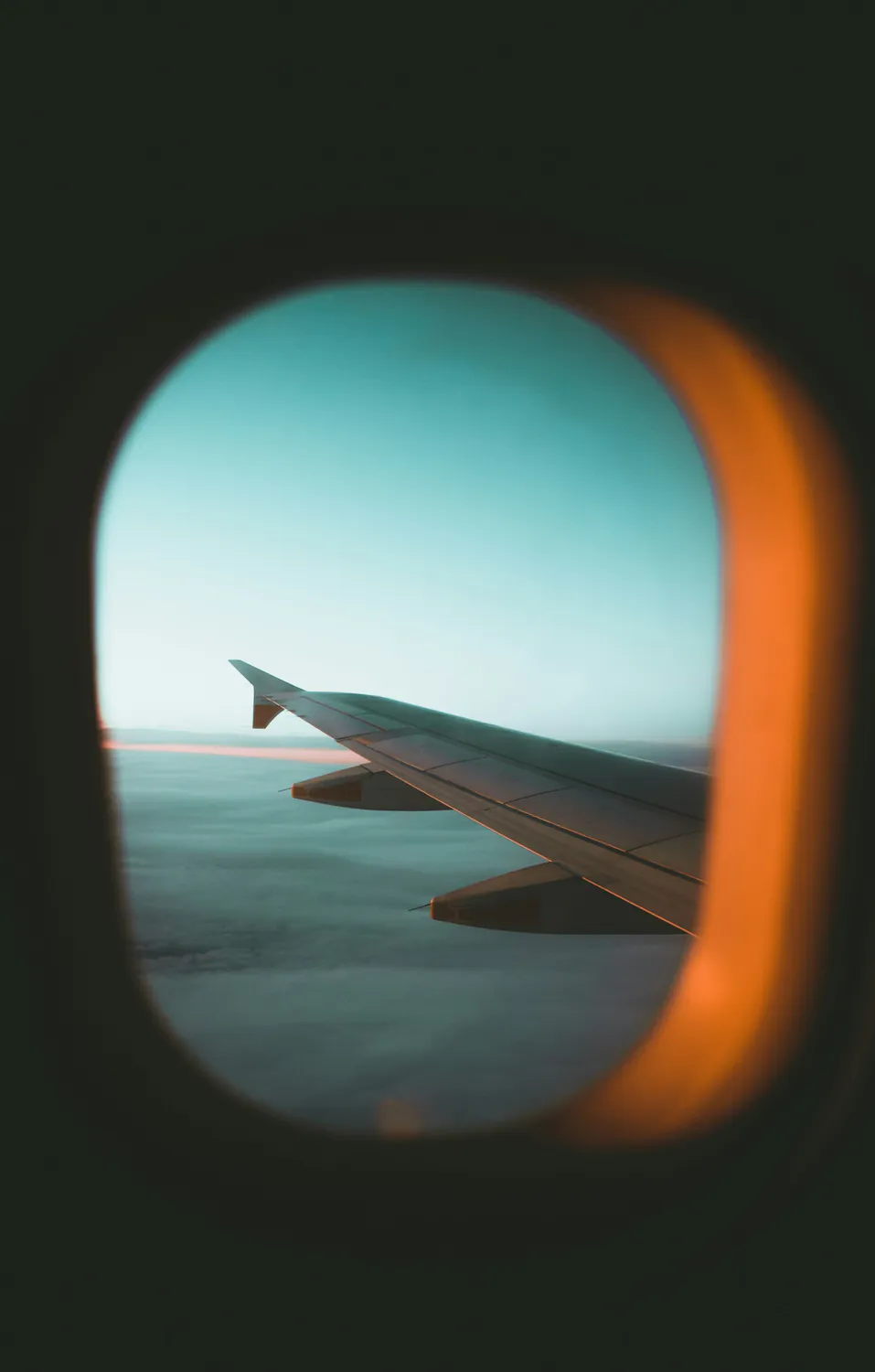 Aeroplane wing seen through a cabin window