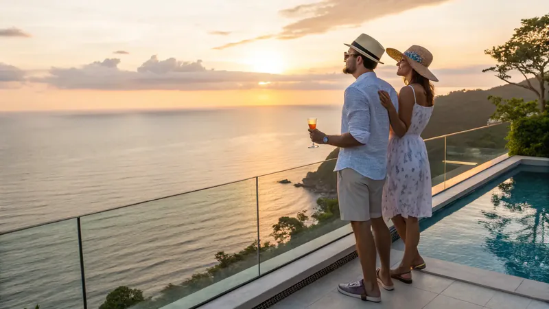 Couple watching the sunset from a clifftop villa